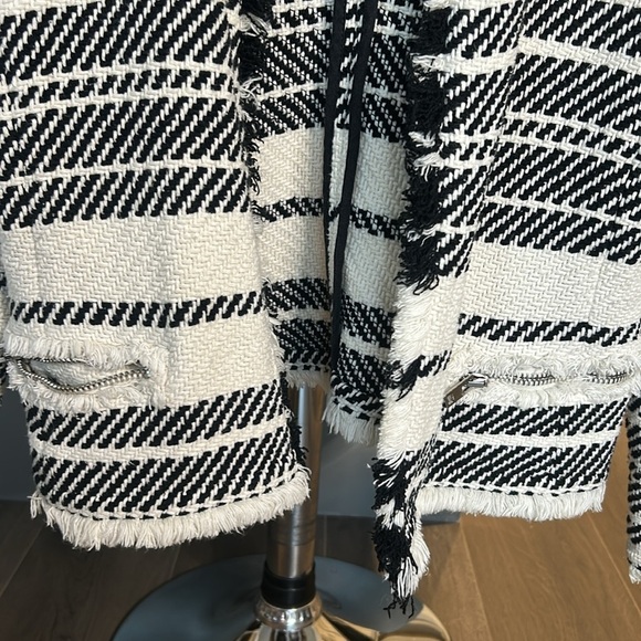IRO Zlata Tweed Jacket Open Front Frayed Black Cream Stripes  EU 40 US 8 - Picture 12 of 17